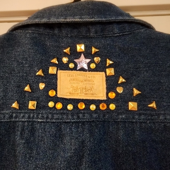 Vintage Levis Cropped Jean Jacket Rhinestones Studded - Picture 7 of 15